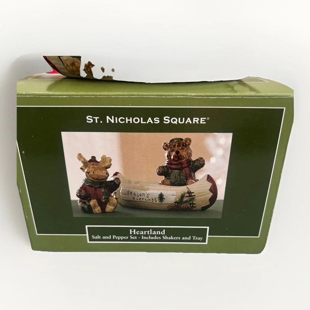 St. Nicholas Square Heartland Salt‎ & Pepper Set Bear Reindeer Rustic Ceramic